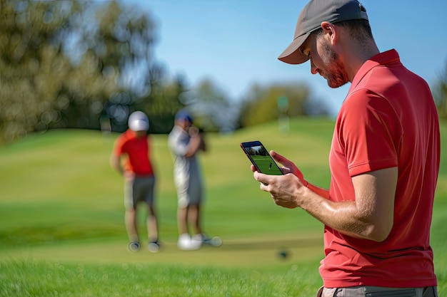 Golfer analyzing stats on a phone